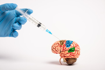 Cropped view of doctor holding syringe near brain model on white background, alzheimer disease...