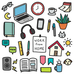 Set of cute cartoon work from home doodle icons