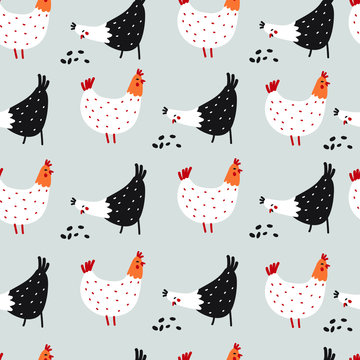 Seamless pattern of birds chickens and seeds. Texture for gift paper, bed linen, textiles.