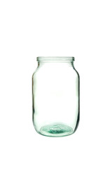 Empty glass jar on white background