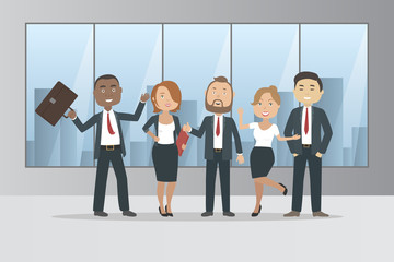 Employees celebrating success in office. Vector illustration.