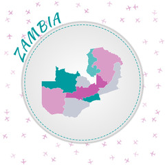 Obraz premium Zambia map design. Map of the country with regions in emerald-amethyst color palette. Rounded travel to Zambia poster with country name and airplanes background. Appealing vector illustration.