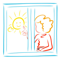 child painting cheerful sun with finger on window