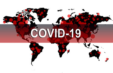 Outbreak Coronavirus. Inscription  Covid-19 Pandemic on a world map. Coronavirus disease 2019 situation update worldwide. Covid-19 map confirmed cases report worldwide globally.  3D Rendering 