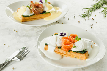 waffles with salmon and poached eggs