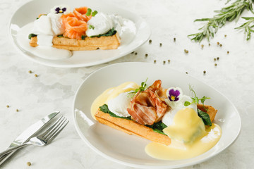 waffles with bacon and poached eggs