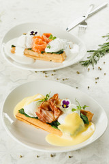 waffles with bacon and poached eggs