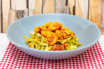 Pasta with Shrimps Dinner Dish on a the table