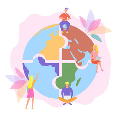 People connecting puzzle elements in the form of a planet.The concept of sorting and recycling garbage. Removal and disposal of waste, metaphors for cleaning the planet from plastic. 