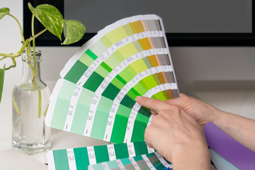 Graphic designer works on the choice of palette colors for creative business