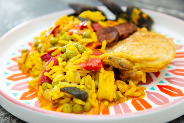 Prawn with rice - closeup of prawn with rice - traditionnal spanish food paella