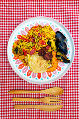 Prawn with rice - closeup of prawn with rice - traditionnal spanish food paella