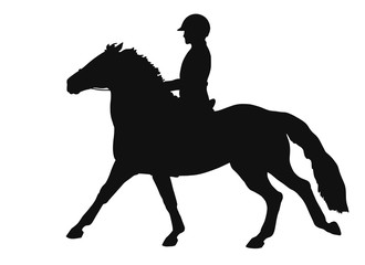 Young rider and sports pony, vector silhouette