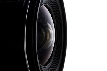 Close up of camera lens with a white background.