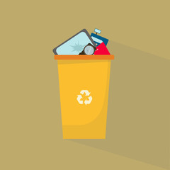 Technological waste recycling. Trash container with broken electrical devices on color background, illustration