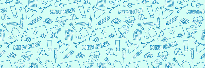 Header for medicine, science or pharmacy design. Seamless medical hand drawn background. Simple doodle health care pattern. Vector illustration. - 334123488