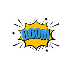 Boom comic text speech bubble, bomb. Color pop art style sound effect. Halftone vector banner illustration. Comics book balloon.