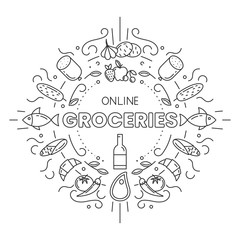 Online Groceries. Set of different groceries icons in outline style on white background. Stock vector illustration.