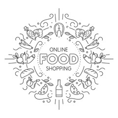 Fototapeta premium Online Food Shopping. Set of different groceries icons in line style on white background. Stock vector illustration.