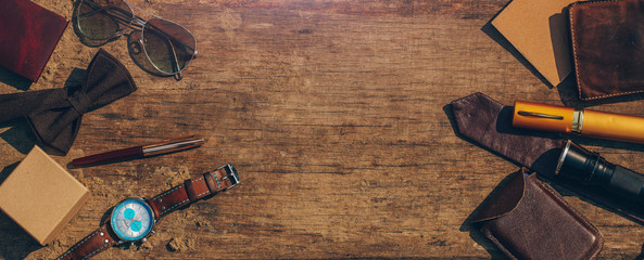 Old wooden table. Business concept. Man tools. 