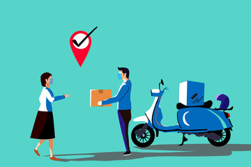 a delivery man is giving the package to his customer.The Motocycle Delivery service is fast. GPS Tracking system make the delivery more accurate.