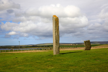 Stennessl - Orkney (Scotland), UK - August 06, 2018: Standing Stones of Stenness, Neolithic megaliths in the island of Mainland, Orkney, Scotland, Highlands, United Kingdom