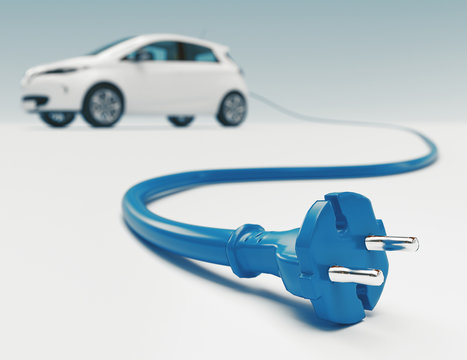 Close Up Of Electric Vehicle Plug Charging Car Isolated On White. 3d Rendering