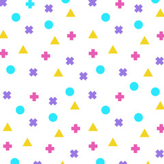 Geometric background with different colorful geometric shapes. Bright Background with triangles, circles and cross in Memphis style. Vector seamless pattern.