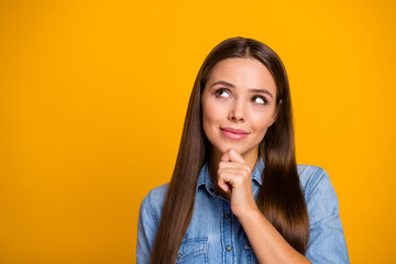 Portrait of positive cheerful girl look copyspace think thoughts about perfect weekend touch chin...