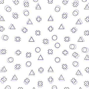 Geometric background with different lines geometric shapes. Explosion Background with triangles, circles and cross in Memphis style. Trendy vector background
