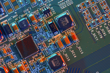 Electronic circuit board close up.