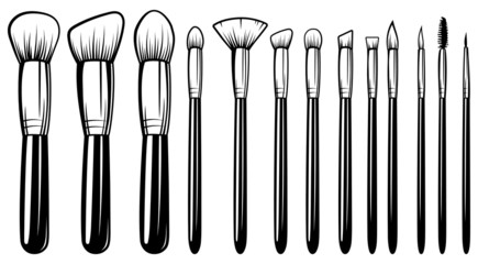 Set of cosmetic brushes. Collection of professional products for makeup artists. Set of fashionable women's accessories. Vector illustration for beauty salons.