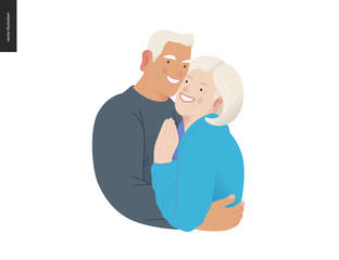 Medical insurance -senior citizen health plan -modern flat vector concept digital illustration of a happy elderly couple, standing embraced together holding their hands. Medical insurance plan.