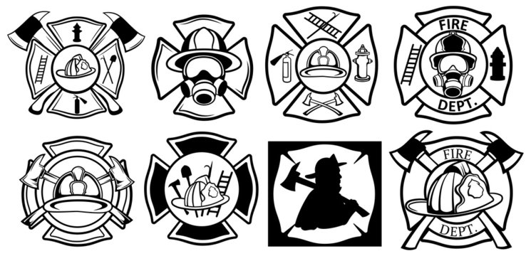 Set of emblems for firefighters. Collection of logos for fire stations. Profession to save people from difficult situations. Vector illustration for fire brigade.