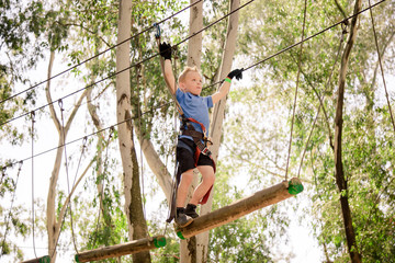 Young boy walking on zip-line between trees