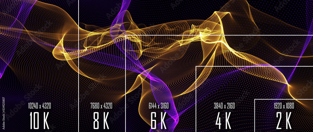 Poster 10k/ 8k/ 6k / 4k / 2k tv resolution display with comparison of resolutions. 3d render