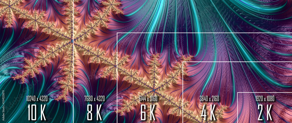 Poster 10k/ 8k/ 6k / 4k / 2k tv resolution display with comparison of resolutions. 3d render