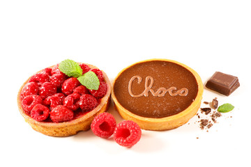 raspberry and chocolate cake isolated on white background