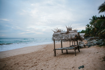 
A wooden lounger covered with palm branches for relaxing on the beach and protecting from the sun. Sri Lanka beach vacation spot