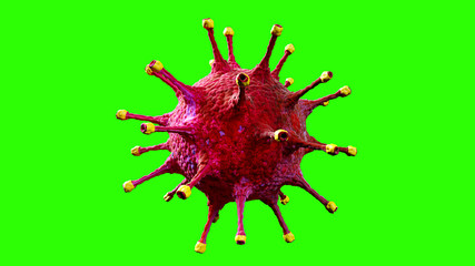 3D rendering, red coronavirus cells covid-19 influenza flowing on background with chroma key green screen as dangerous flu strain cases as a pandemic medical health risk