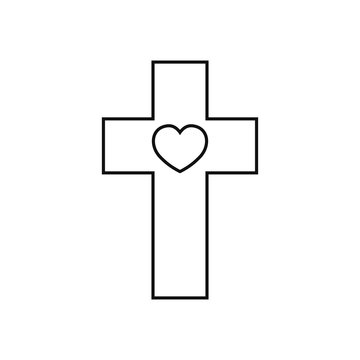 Religion christian cross with heart icon. Vector illustration.Line icon.