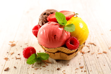 chocolate, mango and strawberry ice cream