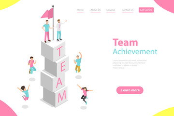 Isometric Flat Vector Landing Page Template of Successful Teamwork, Team Goal Achievement and Growth.