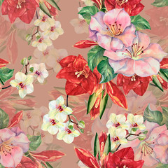 Watercolor bouquet flowers. Floral seamless pattern.