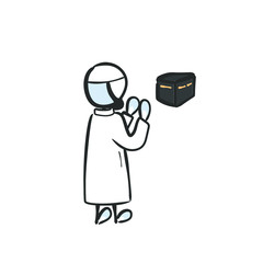 Muslim on Hajj to Kaaba worship God, making supplication. Hand drawn. Stickman cartoon. Doodle sketch, Vector graphic illustration