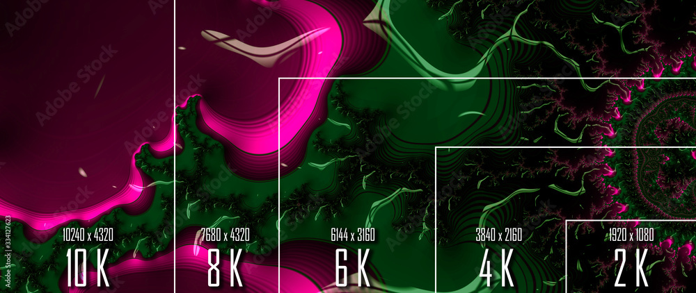 Poster 10k/ 8k/ 6k / 4k / 2k tv resolution display with comparison of resolutions. 3d render