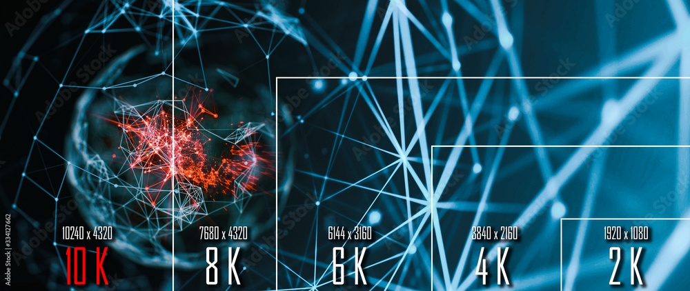 Poster 10k/ 8k/ 6k / 4k / 2k tv resolution display with comparison of resolutions. 3d render