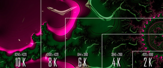 10K/ 8K/ 6K / 4K / 2K tv resolution display with comparison of resolutions. 3D render