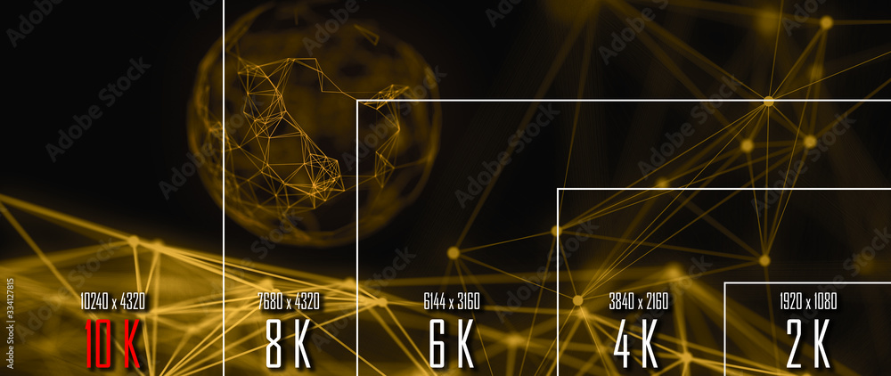 Poster 10k/ 8k/ 6k / 4k / 2k tv resolution display with comparison of resolutions. 3d render