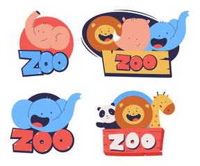 Cute zoo logo with animals heads vector cartoon set isolated on a white background.
